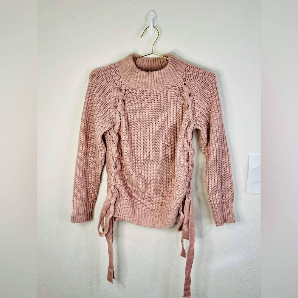 Sweet Rain Women’s Chunky Knit Sweater Side Lace-Up Details Blush Pink Medium
